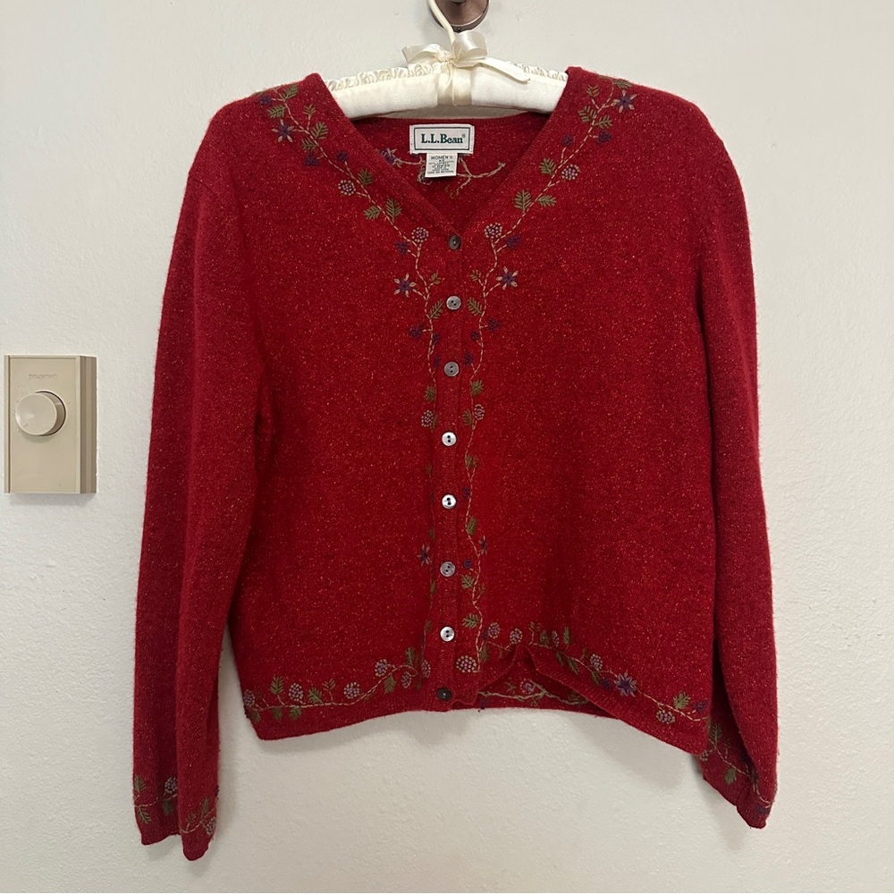L.L. Bean Women's hand embroidered lambswool silk Red Cardigan Sweater